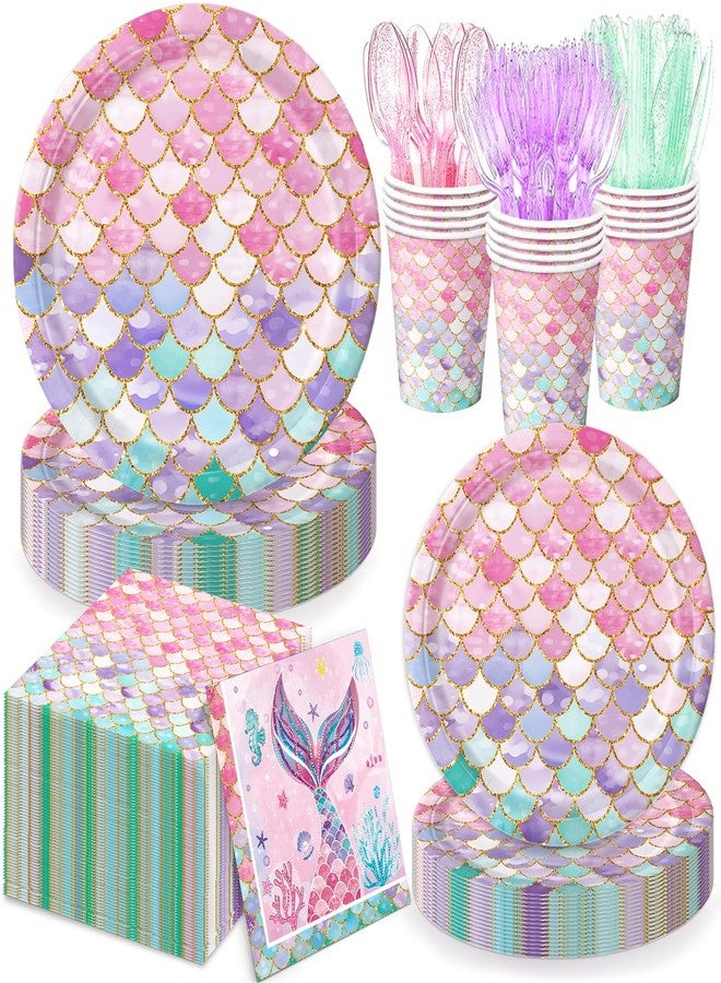 QIYANPAX 168Pcs Mermaid Birthday Decorations Mermaid Party Supplies Includes Plates, Napkins, Cups, Cutlery for Girls Baby Shower Ocean Birthday Party Decorations, Serves 24 - Image 1
